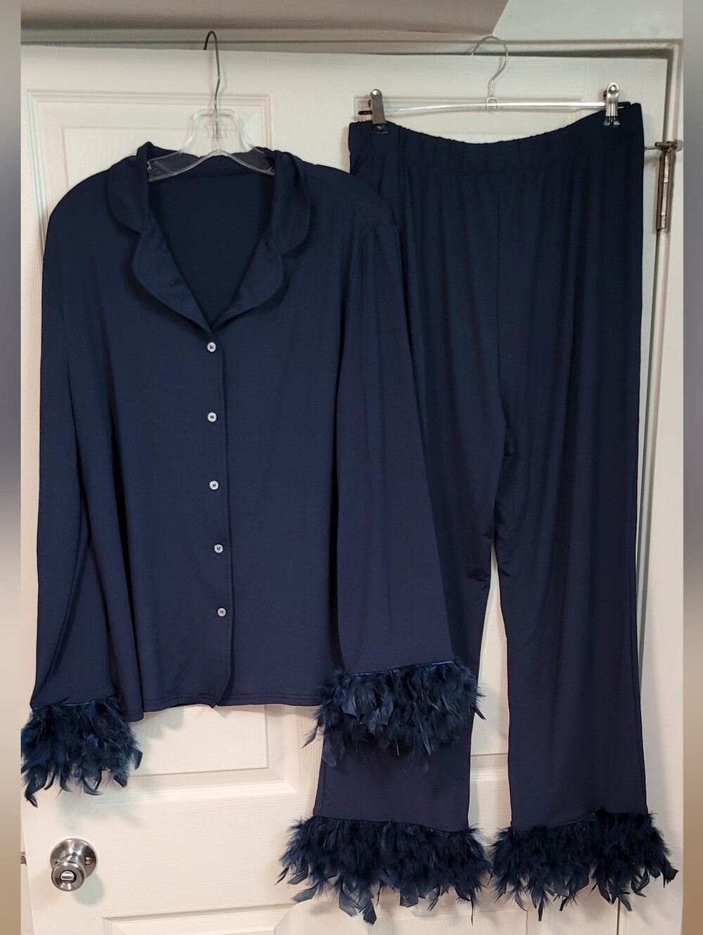 Feather Trim Navy Women's Pajama Set